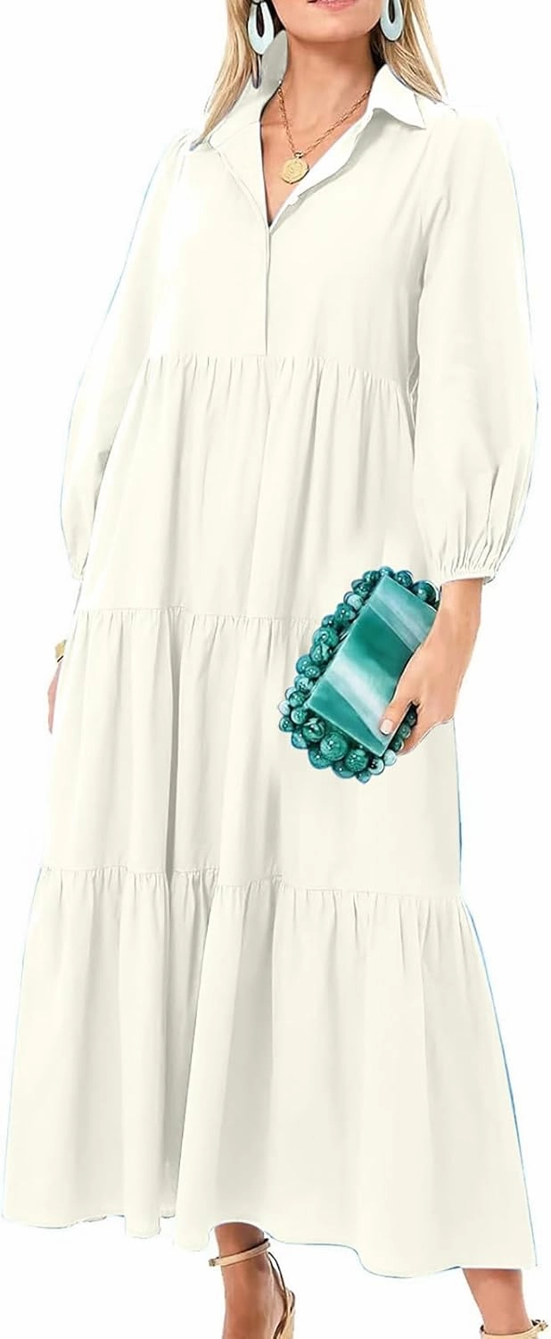 Maxi Dress for Women Casual 2024 Button Down V-Neck Lapel a Line Pleated Shirt Dress Plus Size Fall Flowy Long Dress
