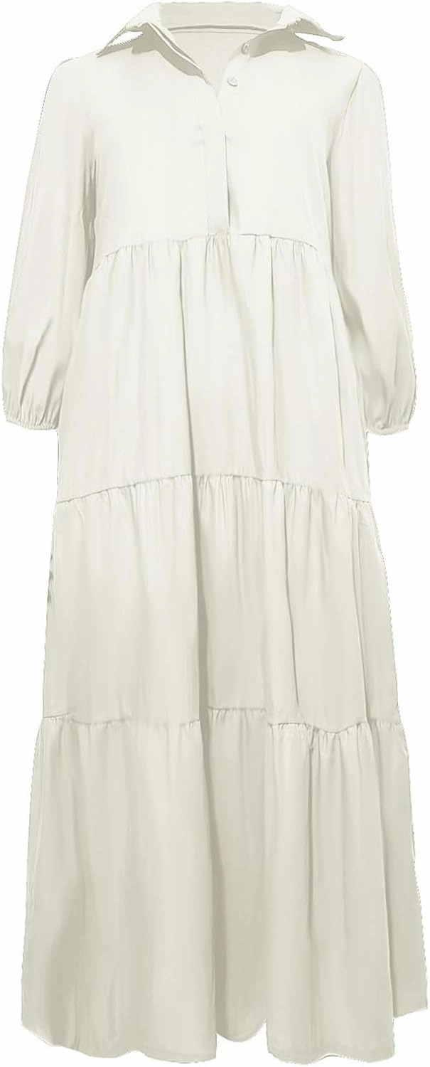 Maxi Dress for Women Casual 2024 Button Down V-Neck Lapel a Line Pleated Shirt Dress Plus Size Fall Flowy Long Dress