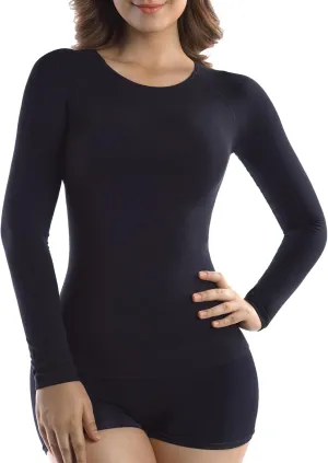  MD Womens Long Sleeve Undershirts Tops, Bamboo Round Neck Slim Fit Baselayer, Soft Thermal Underwear, Light Compression
