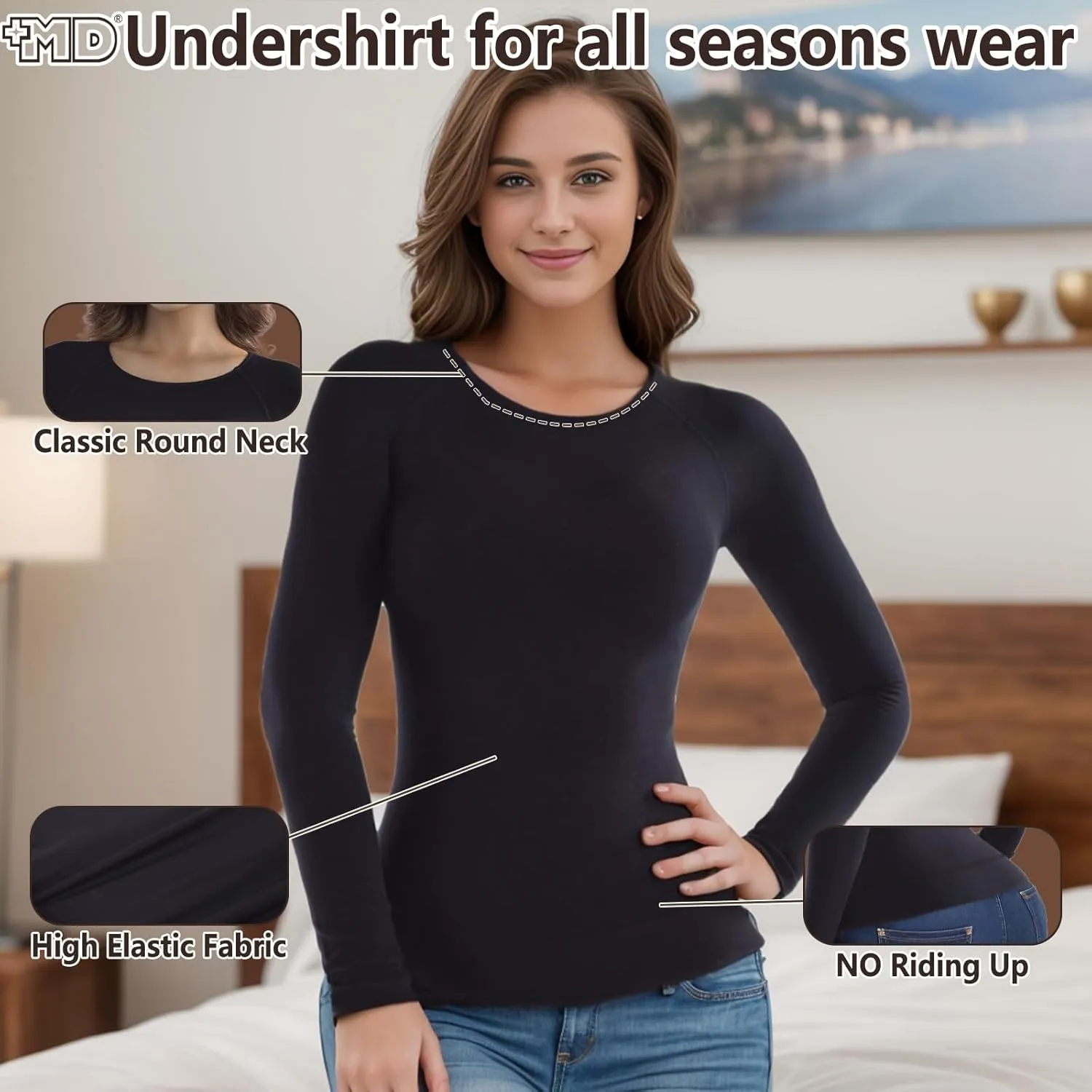  MD Womens Long Sleeve Undershirts Tops, Bamboo Round Neck Slim Fit Baselayer, Soft Thermal Underwear, Light Compression