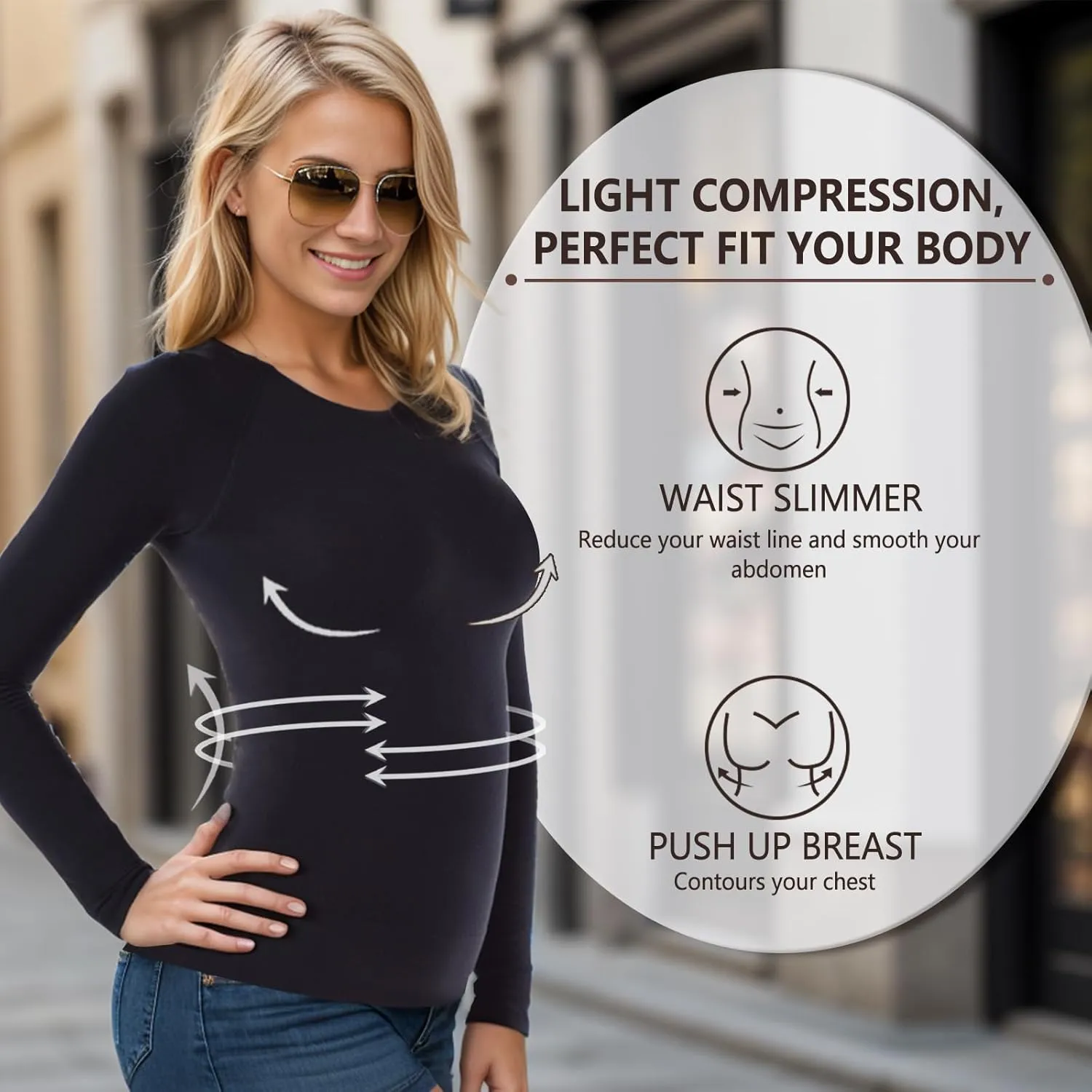  MD Womens Long Sleeve Undershirts Tops, Bamboo Round Neck Slim Fit Baselayer, Soft Thermal Underwear, Light Compression