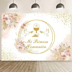 MEHOFOND 10x7ft Boho Mi Primera Comunión Backdrop for Girl Pastel Pink First Holy Communion Photography Background Bohemia Pigeon Floral Gold Glitter Baptism Decor God Bless Party Photo Studio Props