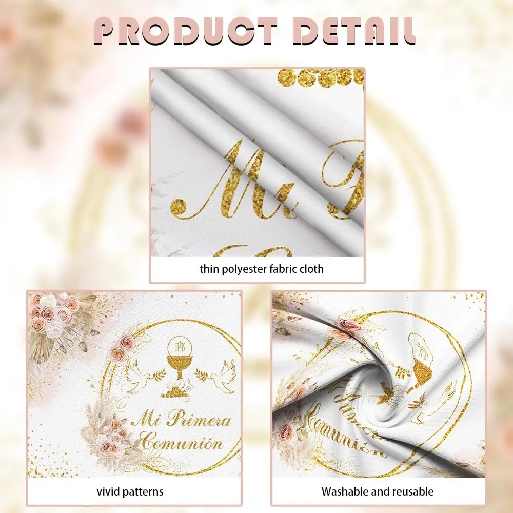 MEHOFOND 10x7ft Boho Mi Primera Comunión Backdrop for Girl Pastel Pink First Holy Communion Photography Background Bohemia Pigeon Floral Gold Glitter Baptism Decor God Bless Party Photo Studio Props