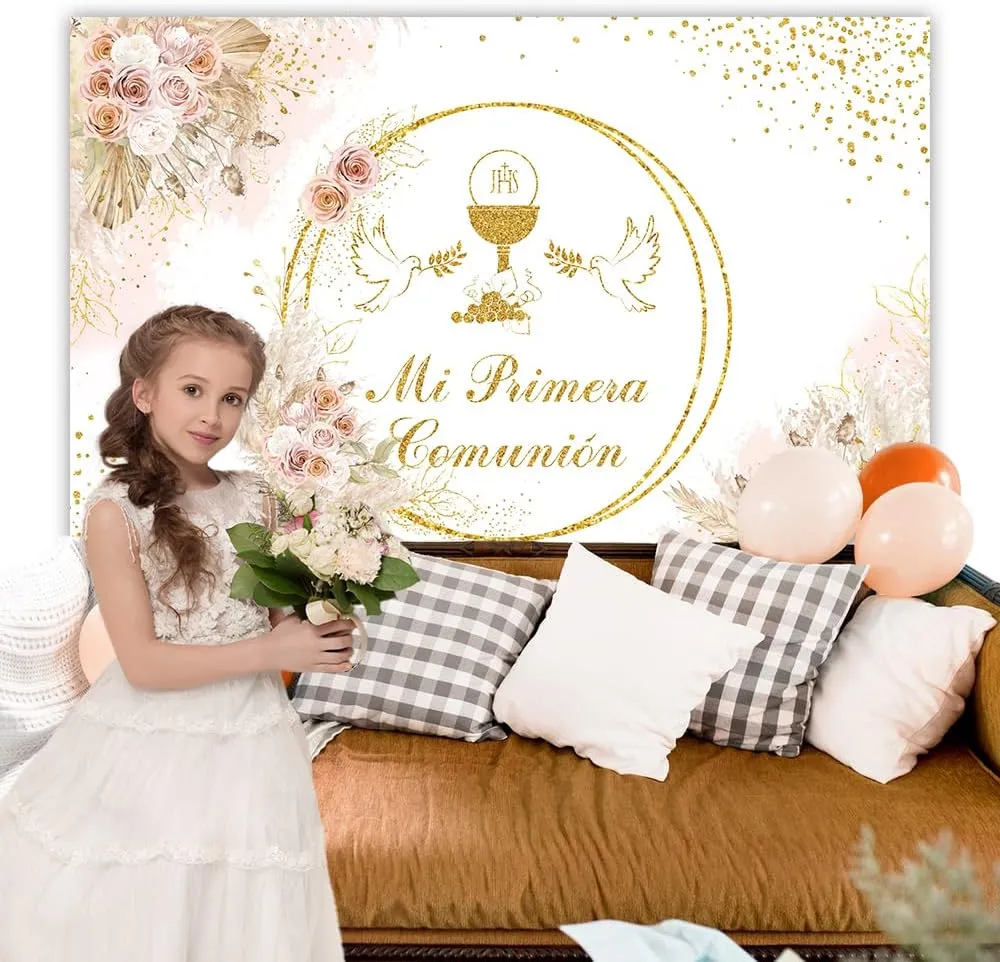 MEHOFOND 10x7ft Boho Mi Primera Comunión Backdrop for Girl Pastel Pink First Holy Communion Photography Background Bohemia Pigeon Floral Gold Glitter Baptism Decor God Bless Party Photo Studio Props