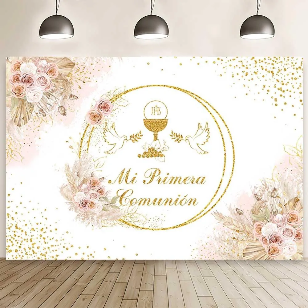 MEHOFOND 10x7ft Boho Mi Primera Comunión Backdrop for Girl Pastel Pink First Holy Communion Photography Background Bohemia Pigeon Floral Gold Glitter Baptism Decor God Bless Party Photo Studio Props