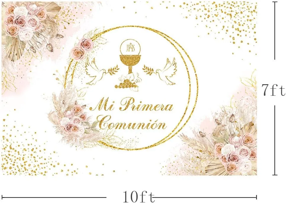 MEHOFOND 10x7ft Boho Mi Primera Comunión Backdrop for Girl Pastel Pink First Holy Communion Photography Background Bohemia Pigeon Floral Gold Glitter Baptism Decor God Bless Party Photo Studio Props