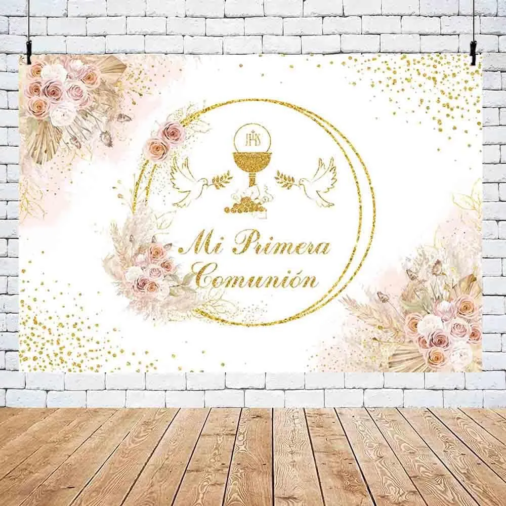 MEHOFOND 10x7ft Boho Mi Primera Comunión Backdrop for Girl Pastel Pink First Holy Communion Photography Background Bohemia Pigeon Floral Gold Glitter Baptism Decor God Bless Party Photo Studio Props
