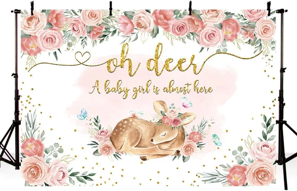 MEHOFOND Oh Deer Baby Shower Backdrop Pink Floral Girls Woodland Baby Shower Photo Background Greenery Glitter Gold Fawn Newborn Kids Birthday Decorations Photo Booth Banner Supplies 7x5ft