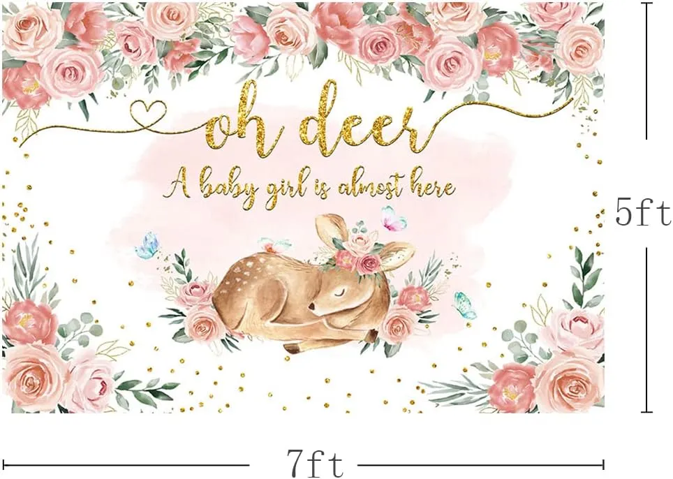 MEHOFOND Oh Deer Baby Shower Backdrop Pink Floral Girls Woodland Baby Shower Photo Background Greenery Glitter Gold Fawn Newborn Kids Birthday Decorations Photo Booth Banner Supplies 7x5ft