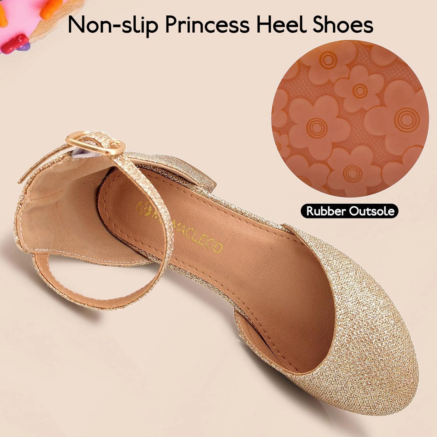 Mei MACLEOD Girls Dress Shoes Sparkly Princess Low Heel Shoes Chunky Heels with Ankle Strap for Wedding Holiday Party