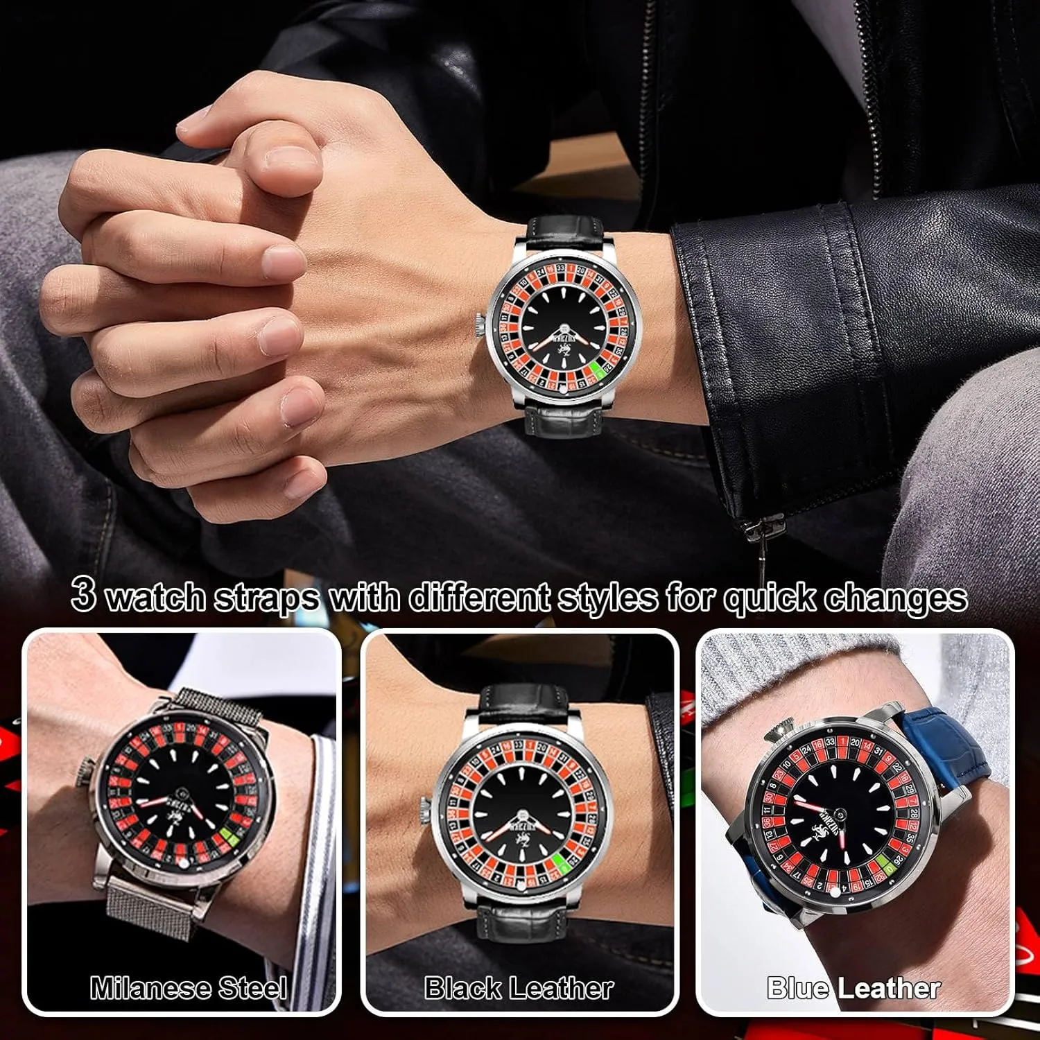 Men's Automatic Watch Luminous Roulette NH35 Movement Leather and Stainless Steel Strap,50M Waterproof, Sapphire Glass