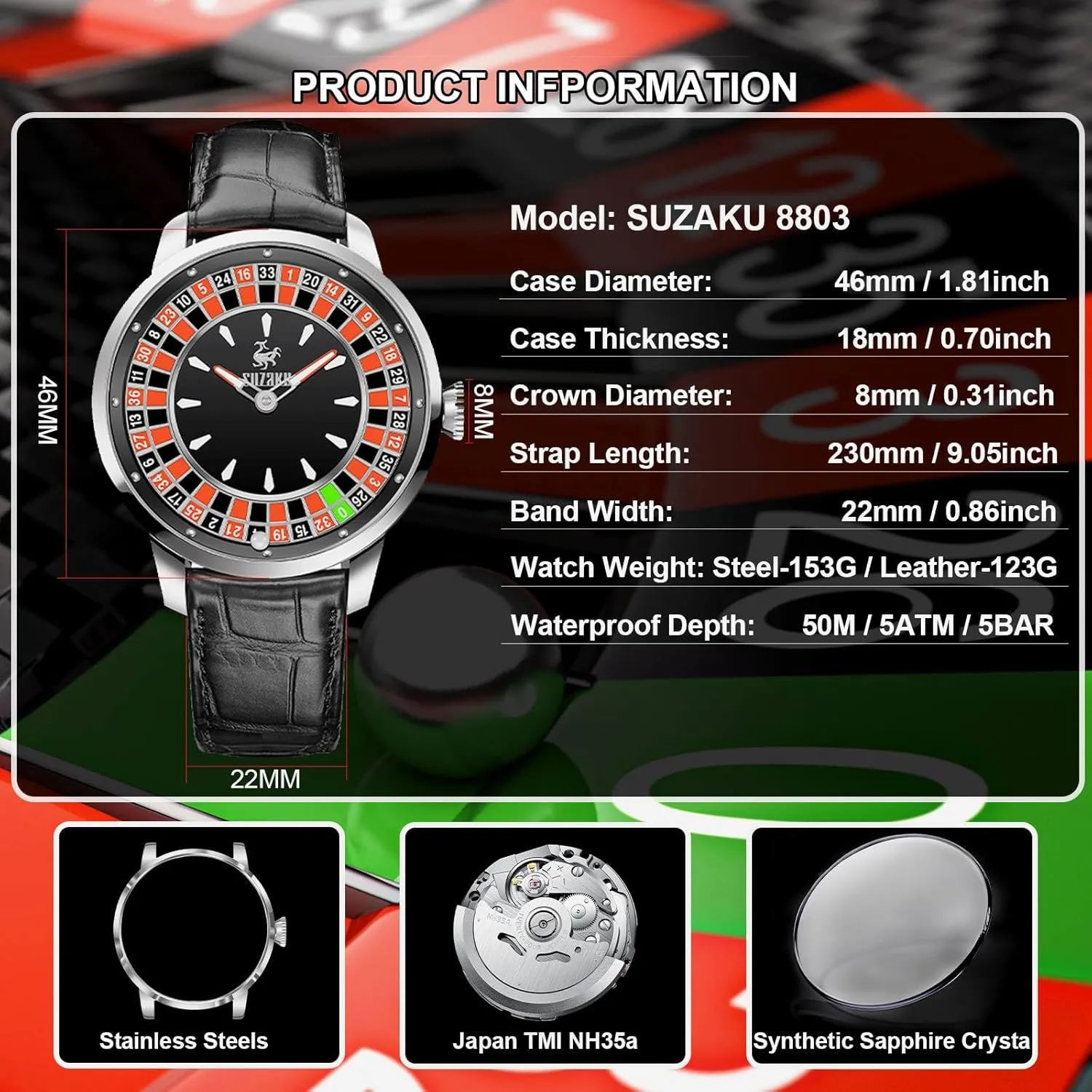Men's Automatic Watch Luminous Roulette NH35 Movement Leather and Stainless Steel Strap,50M Waterproof, Sapphire Glass