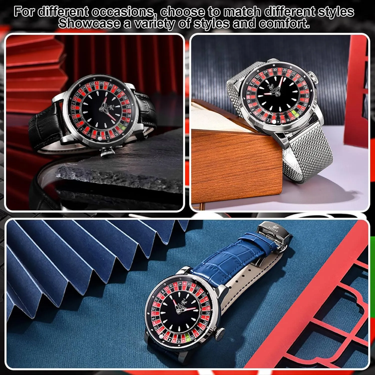 Men's Automatic Watch Luminous Roulette NH35 Movement Leather and Stainless Steel Strap,50M Waterproof, Sapphire Glass