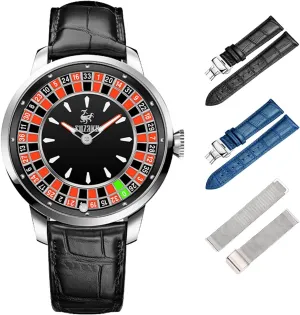 Men's Automatic Watch Luminous Roulette NH35 Movement Leather and Stainless Steel Strap,50M Waterproof, Sapphire Glass
