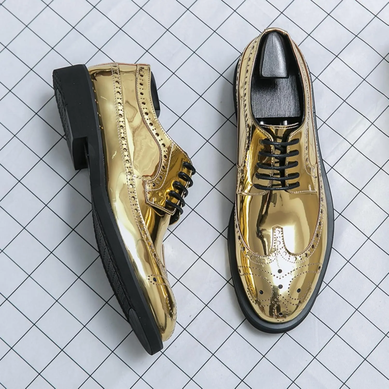 Men's Metallic Rose Gold Brogue Oxford Dress Shoes - Mirror Patent Leather Wingtips with Black Contrast Laces Thick Cushioned Sole & Reinforced Heel for Wedding/Formal Events/Office