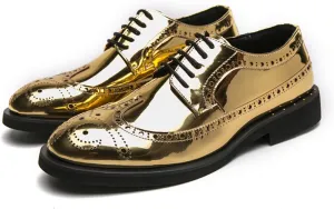 Men's Metallic Rose Gold Brogue Oxford Dress Shoes - Mirror Patent Leather Wingtips with Black Contrast Laces Thick Cushioned Sole & Reinforced Heel for Wedding/Formal Events/Office