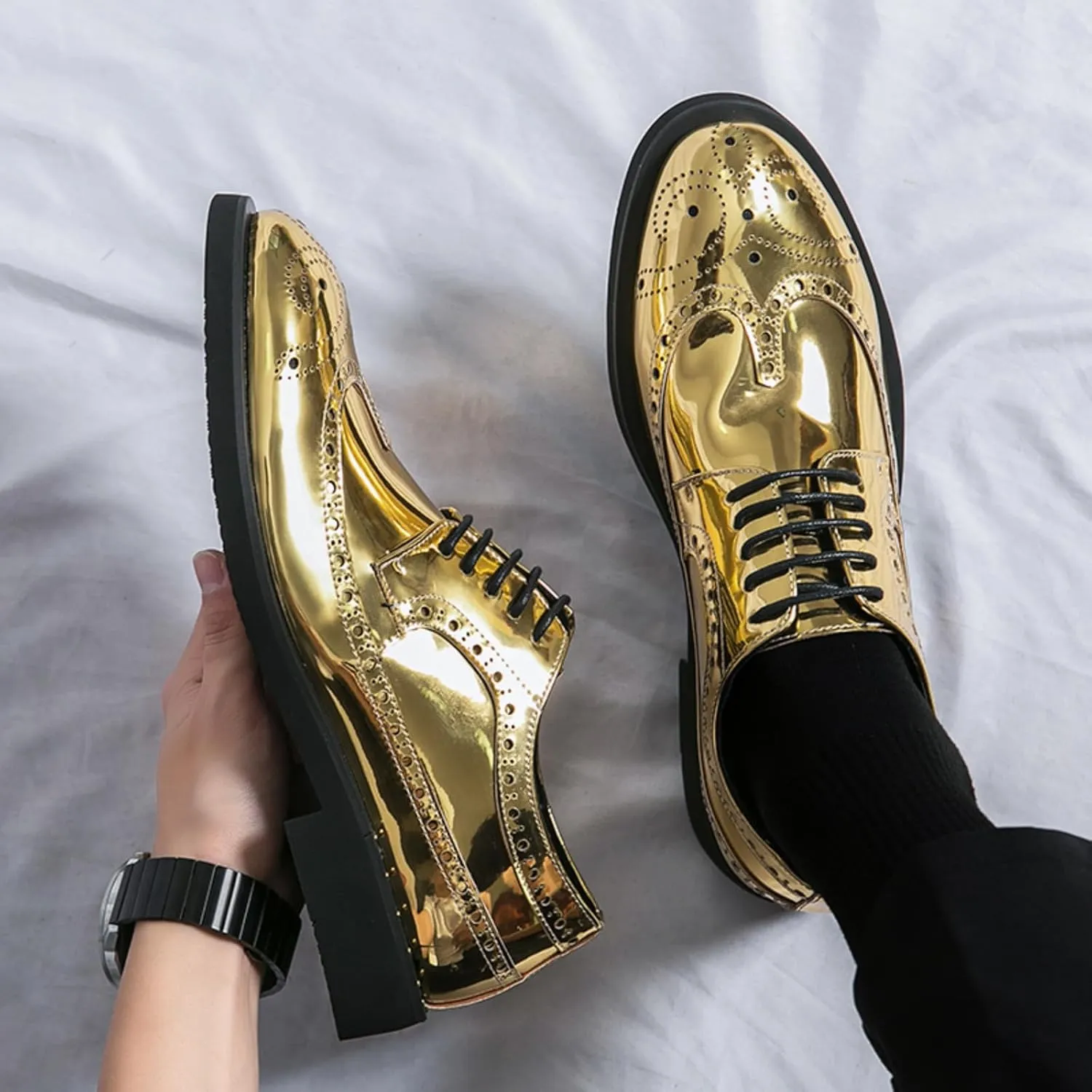 Men's Metallic Rose Gold Brogue Oxford Dress Shoes - Mirror Patent Leather Wingtips with Black Contrast Laces Thick Cushioned Sole & Reinforced Heel for Wedding/Formal Events/Office