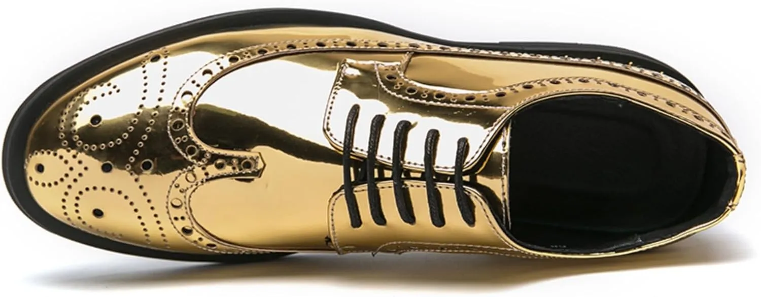 Men's Metallic Rose Gold Brogue Oxford Dress Shoes - Mirror Patent Leather Wingtips with Black Contrast Laces Thick Cushioned Sole & Reinforced Heel for Wedding/Formal Events/Office