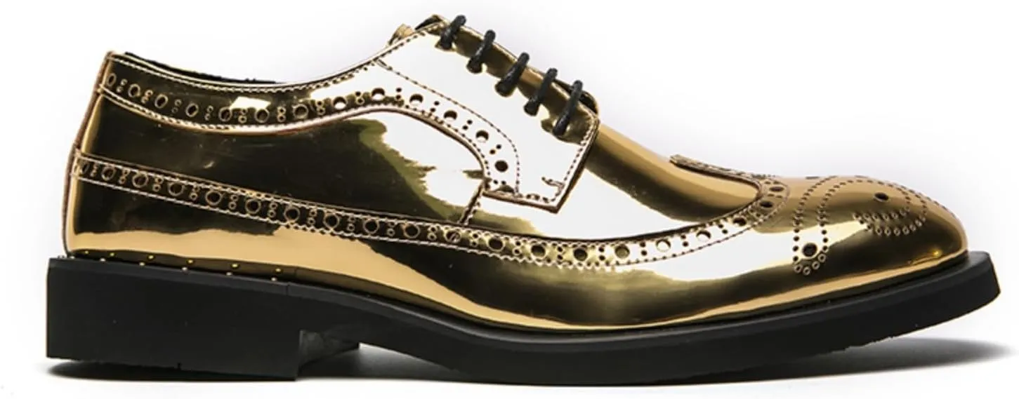 Men's Metallic Rose Gold Brogue Oxford Dress Shoes - Mirror Patent Leather Wingtips with Black Contrast Laces Thick Cushioned Sole & Reinforced Heel for Wedding/Formal Events/Office