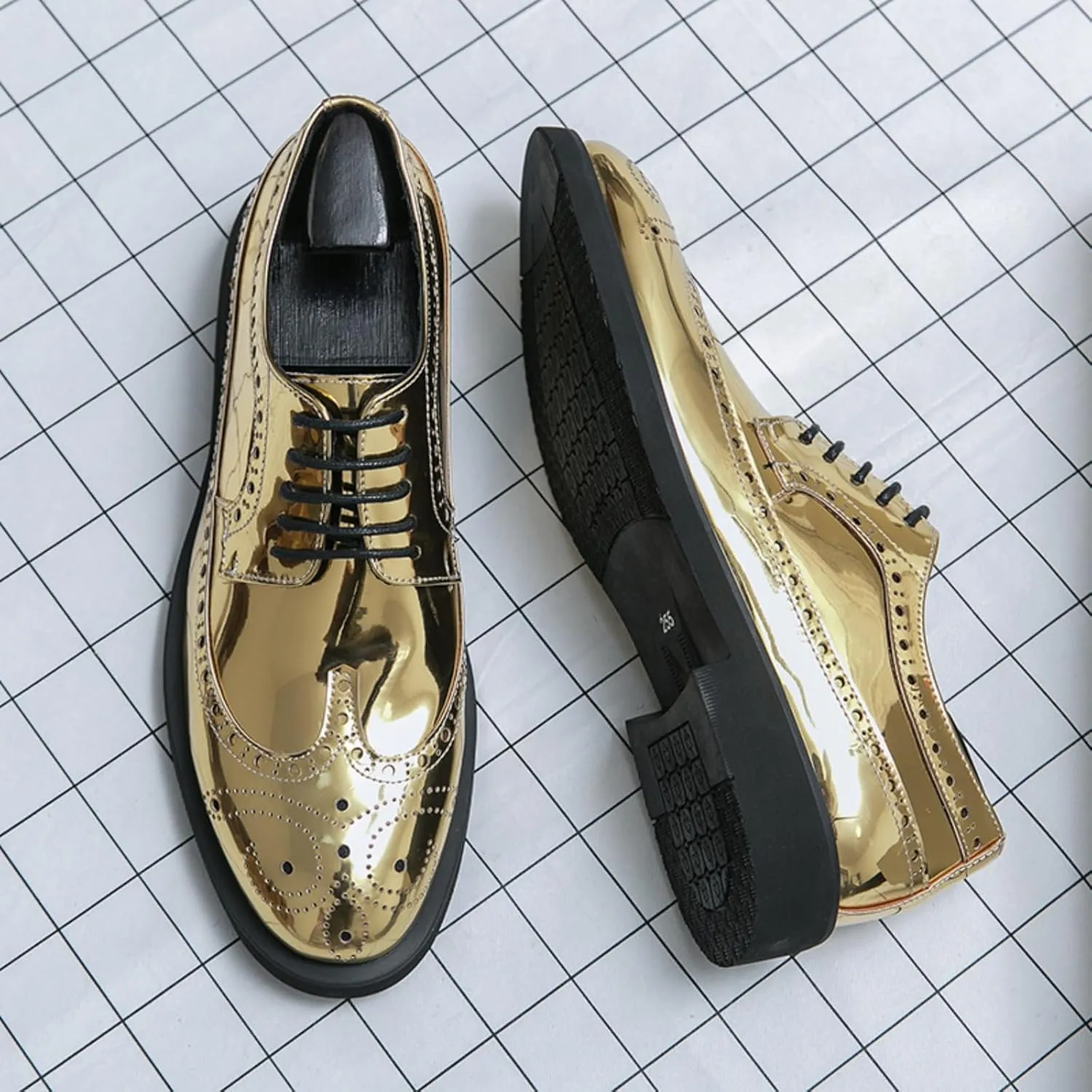 Men's Metallic Rose Gold Brogue Oxford Dress Shoes - Mirror Patent Leather Wingtips with Black Contrast Laces Thick Cushioned Sole & Reinforced Heel for Wedding/Formal Events/Office