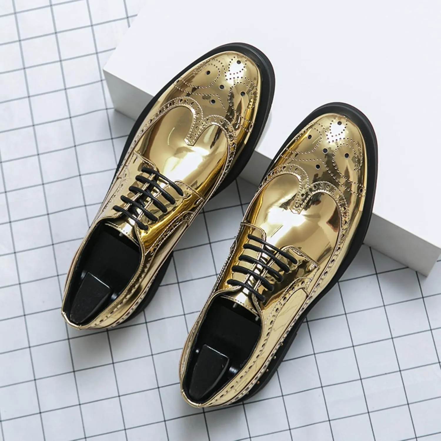 Men's Metallic Rose Gold Brogue Oxford Dress Shoes - Mirror Patent Leather Wingtips with Black Contrast Laces Thick Cushioned Sole & Reinforced Heel for Wedding/Formal Events/Office