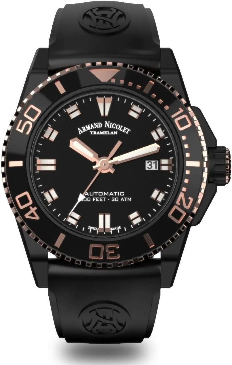 Men's Modern Automatic Skeleton Watch with Black DLC Stainless Steel Case, Black Rubber Strap and Black Dial