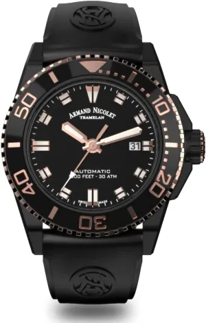 Men's Modern Automatic Skeleton Watch with Black DLC Stainless Steel Case, Black Rubber Strap and Black Dial