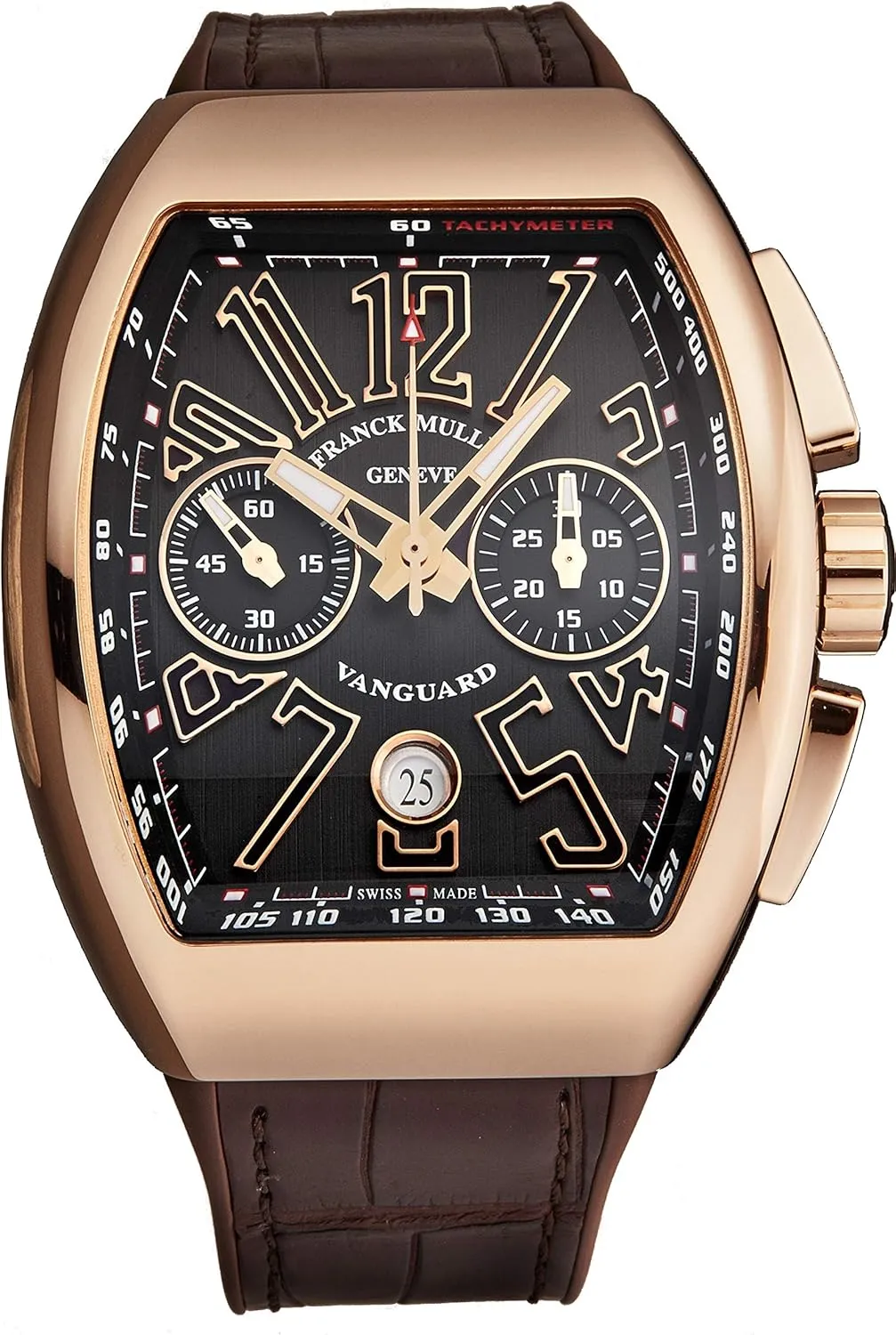 Men's 'Vanguard' Swiss Automatic Chronograph Watch - Brown Dial with Rose Gold Luminous Hands and Date - Sapphire Crystal and Brown Leather Strap - 18K Rose Gold Watch 45CCGLDBRNGLD1