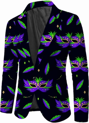 Mens Mardi Gras Suit Jackets Fancy Mask Printed Carnival Party Blazer Slim Fit One Buttton Notched Lapel Tuxedo Coat