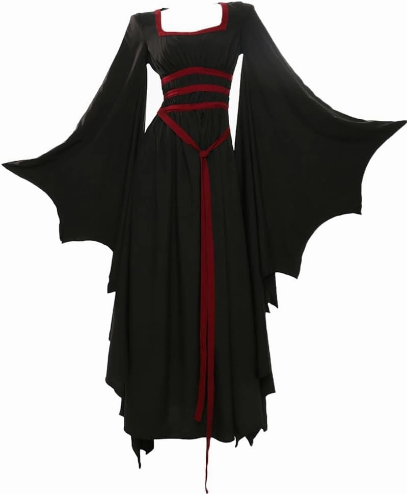 MEOWCOS Halloween Costume Vintage Gothic Dress Vampire Bat Hem Sleeves Slim Dress with Blood Red Waistband