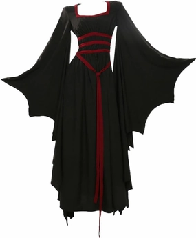 MEOWCOS Halloween Costume Vintage Gothic Dress Vampire Bat Hem Sleeves Slim Dress with Blood Red Waistband