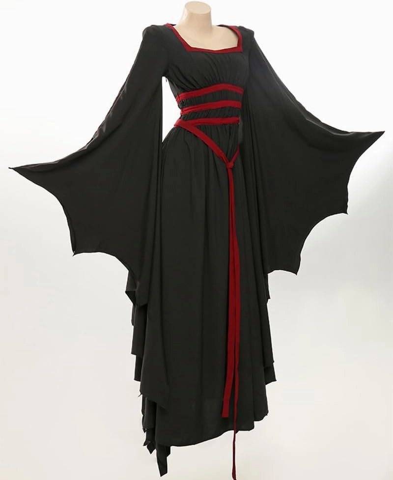 MEOWCOS Halloween Costume Vintage Gothic Dress Vampire Bat Hem Sleeves Slim Dress with Blood Red Waistband