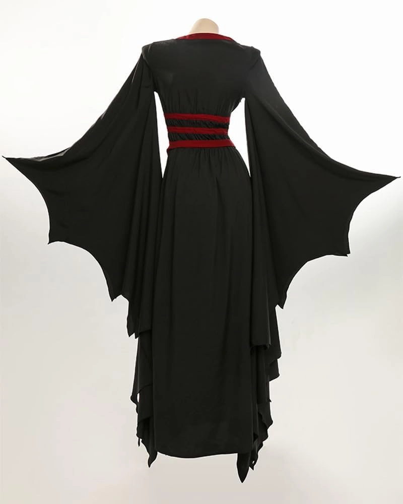 MEOWCOS Halloween Costume Vintage Gothic Dress Vampire Bat Hem Sleeves Slim Dress with Blood Red Waistband