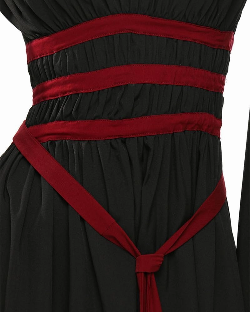 MEOWCOS Halloween Costume Vintage Gothic Dress Vampire Bat Hem Sleeves Slim Dress with Blood Red Waistband