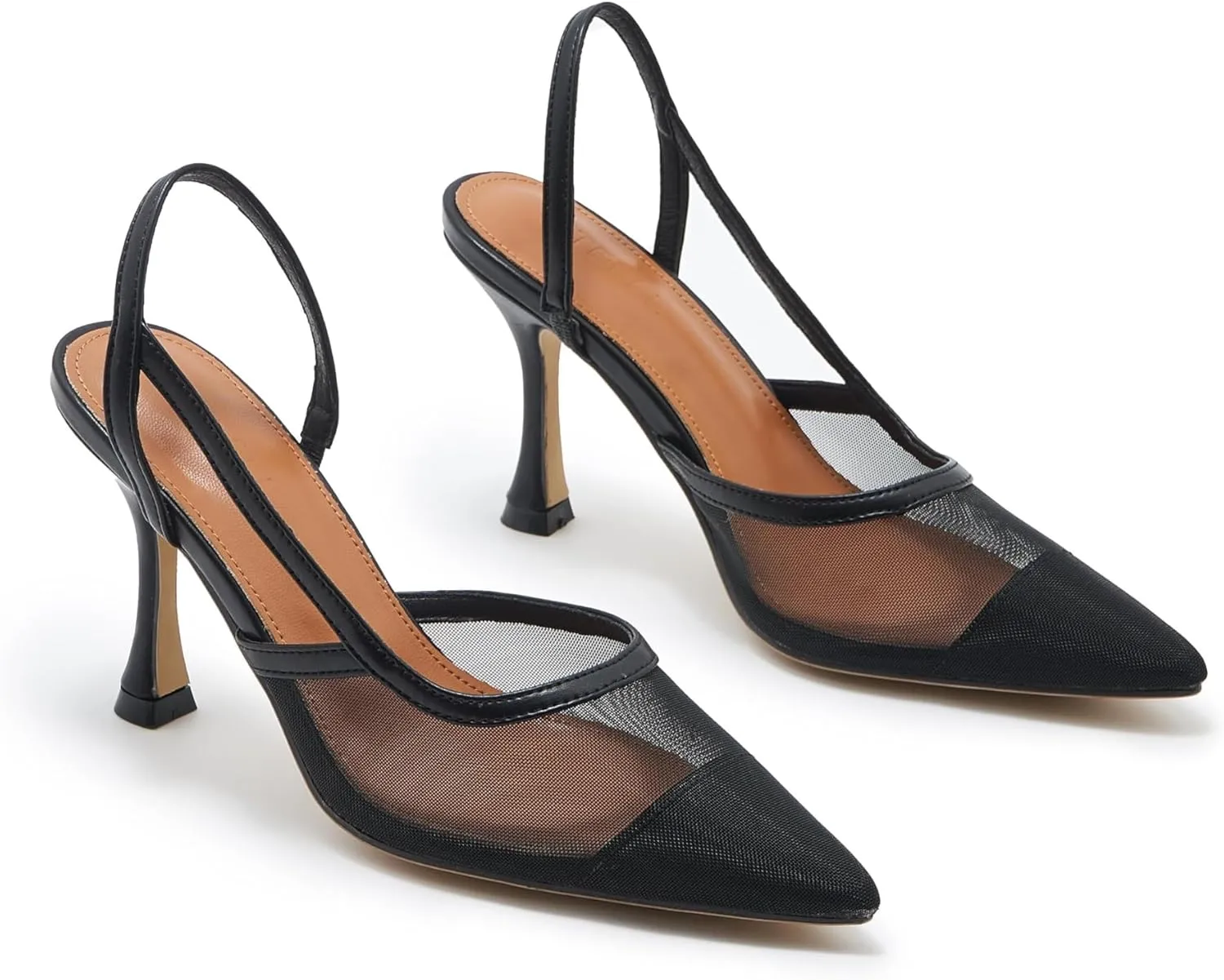 Mesh Slingback Pumps for Women, Pointed Toe Backless High Heels Casual Stiletto Heel Sandals Slip On Party Dress Shoes