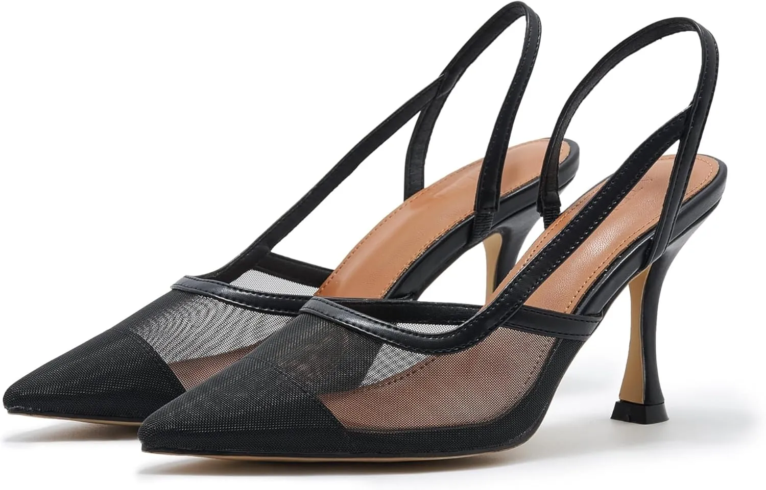 Mesh Slingback Pumps for Women, Pointed Toe Backless High Heels Casual Stiletto Heel Sandals Slip On Party Dress Shoes