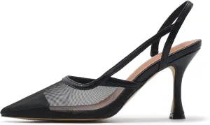 Mesh Slingback Pumps for Women, Pointed Toe Backless High Heels Casual Stiletto Heel Sandals Slip On Party Dress Shoes