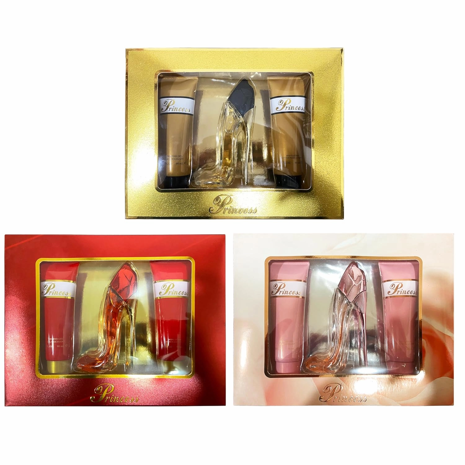 META-BOSEM 3 Sets (Prinss Red Prinss Pink Prinss Gold) of Women's Fragrance Set - Sweet Floral Scent - Great Holiday Gift - a High-Heel Classic Bottle (90ml Shower Gel 50ml EDT 90ml Body Lotion)
