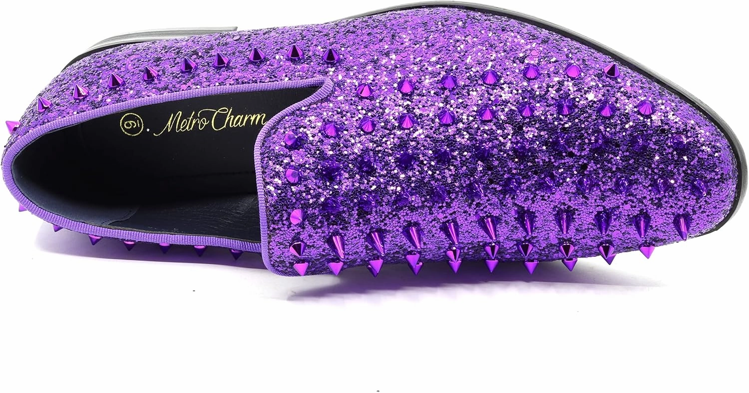 Metrocharm Men's Fashion Sparkly Smoking Spike Sequin Dress Tuxedo Loafers Slip On Shoes SM-16
