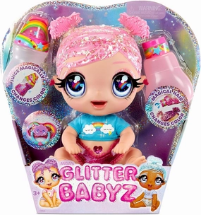 MGA Entertainment Glitter BABYZ DREAMIA Stardust Baby Doll with 3 Magical Color Changes, Pink Hair Rainbow Outfit, Diaper, Bottle, Pacifier Accessories- Ages 3 4 5  Years Old, Multicolor, (574842EUC)