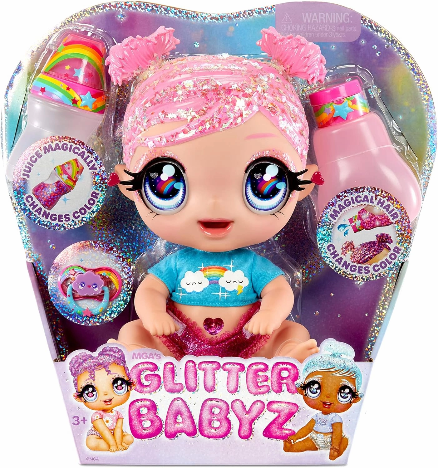 MGA Entertainment Glitter BABYZ DREAMIA Stardust Baby Doll with 3 Magical Color Changes, Pink Hair Rainbow Outfit, Diaper, Bottle, Pacifier Accessories- Ages 3 4 5  Years Old, Multicolor, (574842EUC)