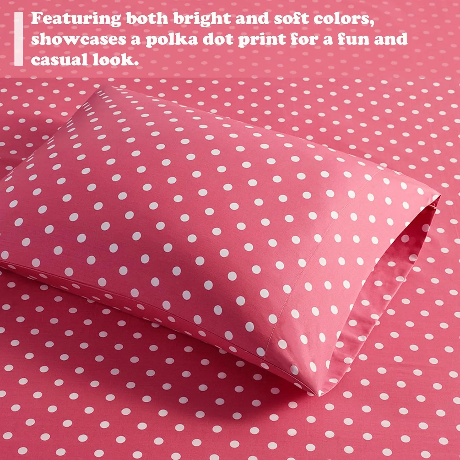 Mi Zone Hot Pink Twin Size Sheet Sets Kids Polka Dot Sheets for Girls 100% Cotton Percale Soft Sheet Set, Flat Sheet, Fitted Sheet, Pillowcase, Breathable All Season Bed Set, Fits up to 14" Mattress