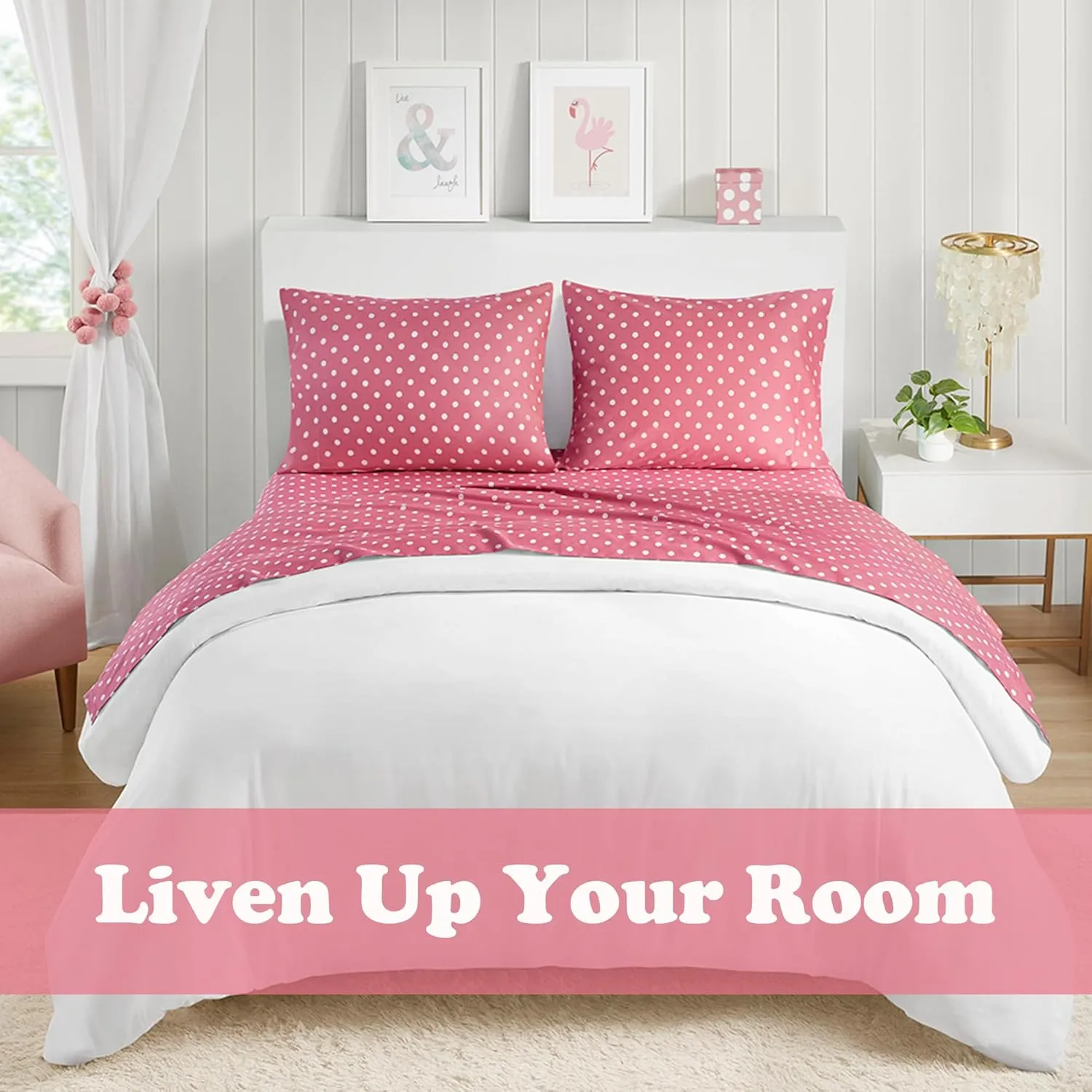 Mi Zone Hot Pink Twin Size Sheet Sets Kids Polka Dot Sheets for Girls 100% Cotton Percale Soft Sheet Set, Flat Sheet, Fitted Sheet, Pillowcase, Breathable All Season Bed Set, Fits up to 14" Mattress