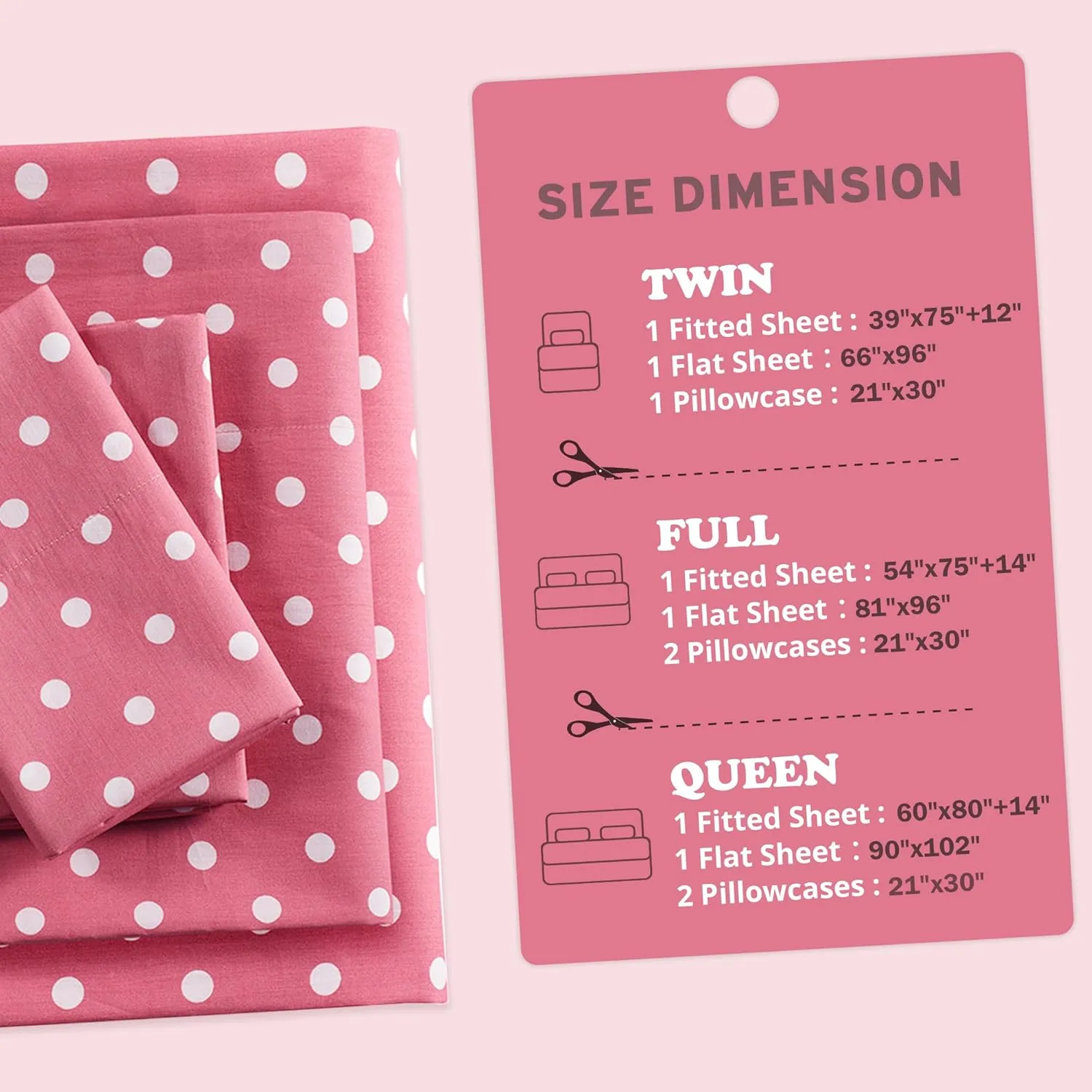 Mi Zone Hot Pink Twin Size Sheet Sets Kids Polka Dot Sheets for Girls 100% Cotton Percale Soft Sheet Set, Flat Sheet, Fitted Sheet, Pillowcase, Breathable All Season Bed Set, Fits up to 14" Mattress