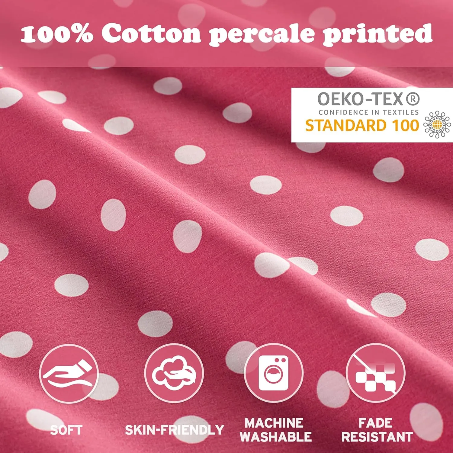 Mi Zone Hot Pink Twin Size Sheet Sets Kids Polka Dot Sheets for Girls 100% Cotton Percale Soft Sheet Set, Flat Sheet, Fitted Sheet, Pillowcase, Breathable All Season Bed Set, Fits up to 14" Mattress