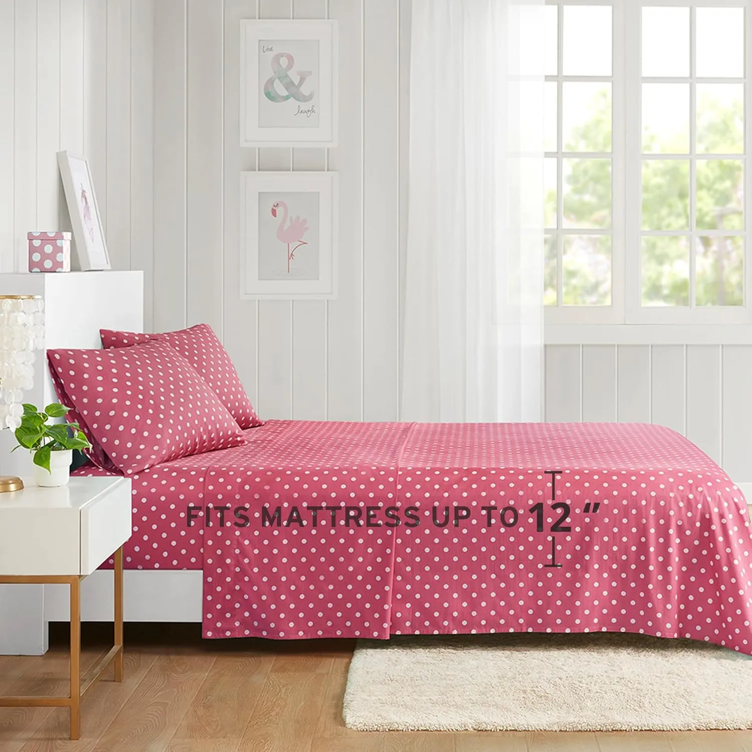 Mi Zone Hot Pink Twin Size Sheet Sets Kids Polka Dot Sheets for Girls 100% Cotton Percale Soft Sheet Set, Flat Sheet, Fitted Sheet, Pillowcase, Breathable All Season Bed Set, Fits up to 14" Mattress