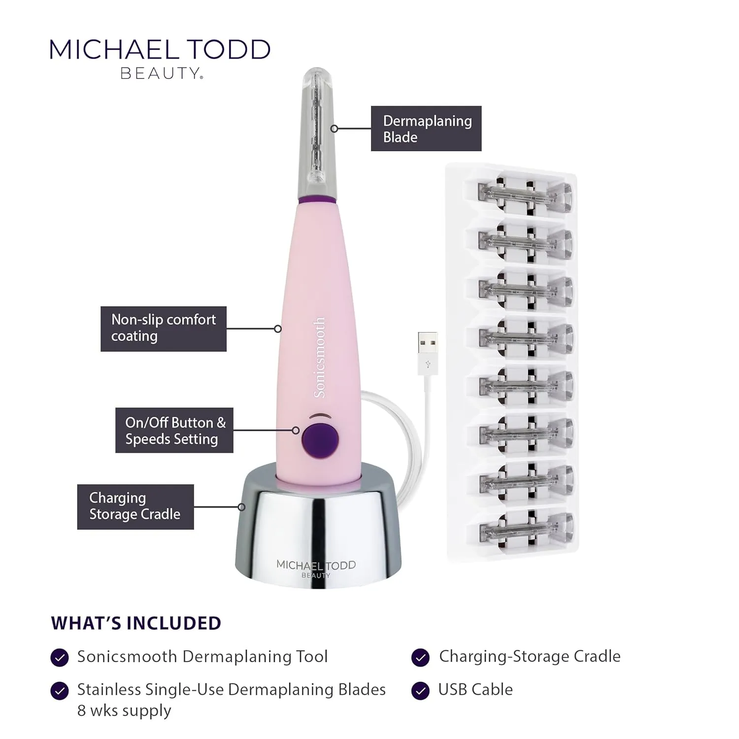 Michael Todd Beauty Sonicsmooth Dermaplane Razor for Women Face   Eyebrow trimmer Dermaplaning System - Peach Fuzz Remover - 8 Weeks of Dermaplaning Blades