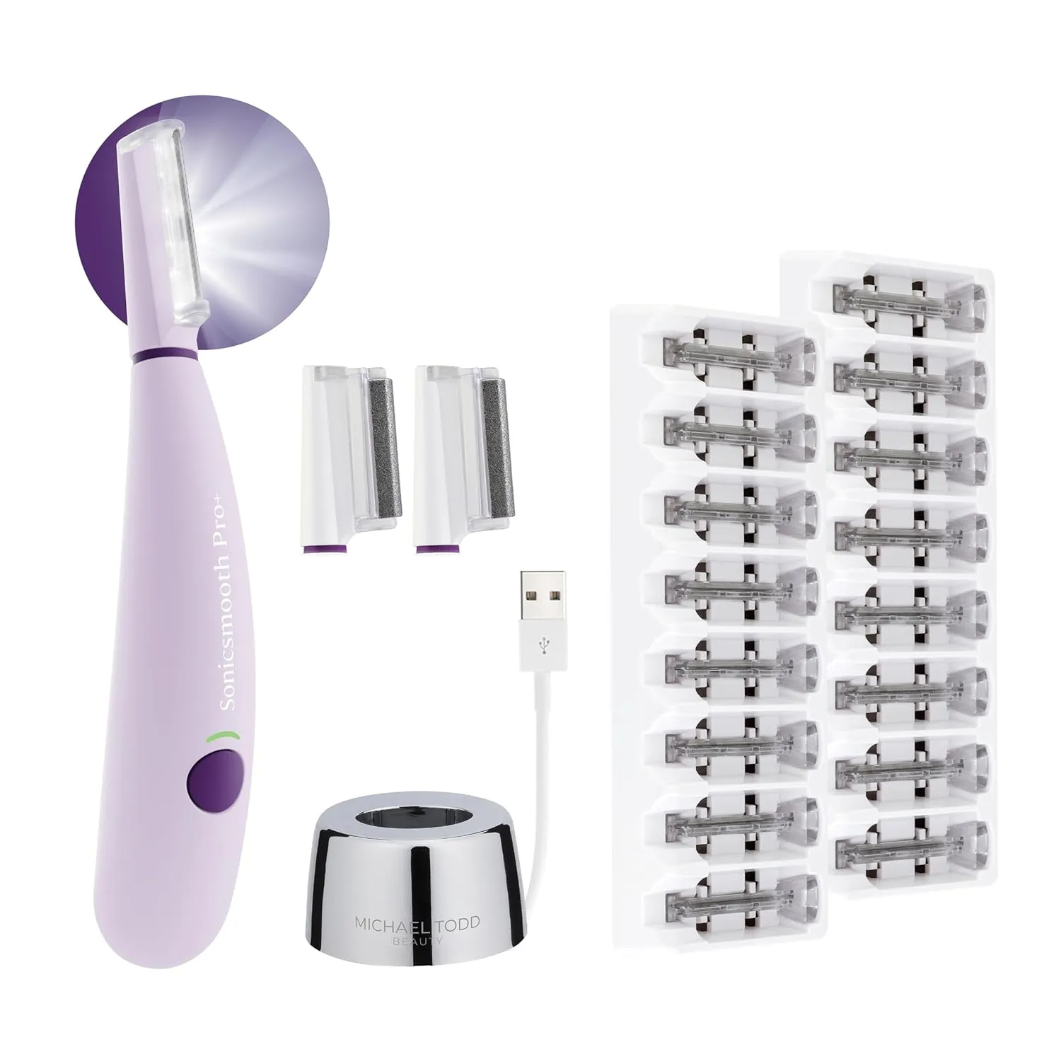 Michael Todd Beauty Sonicsmooth Pro  Dermaplane Razor for Women Face   Eyebrow trimmer Dermaplaning System w/LED Light Peach Fuzz Remover -16 Dermaplaning Blades & 2 Microsmooth Microdermabrasion Tips