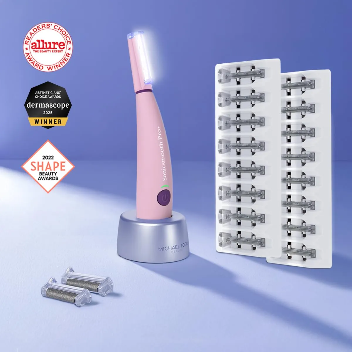 Michael Todd Beauty Sonicsmooth Pro  Dermaplane Razor for Women Face   Eyebrow trimmer Dermaplaning System w/LED Light Peach Fuzz Remover -16 Dermaplaning Blades & 2 Microsmooth Microdermabrasion Tips