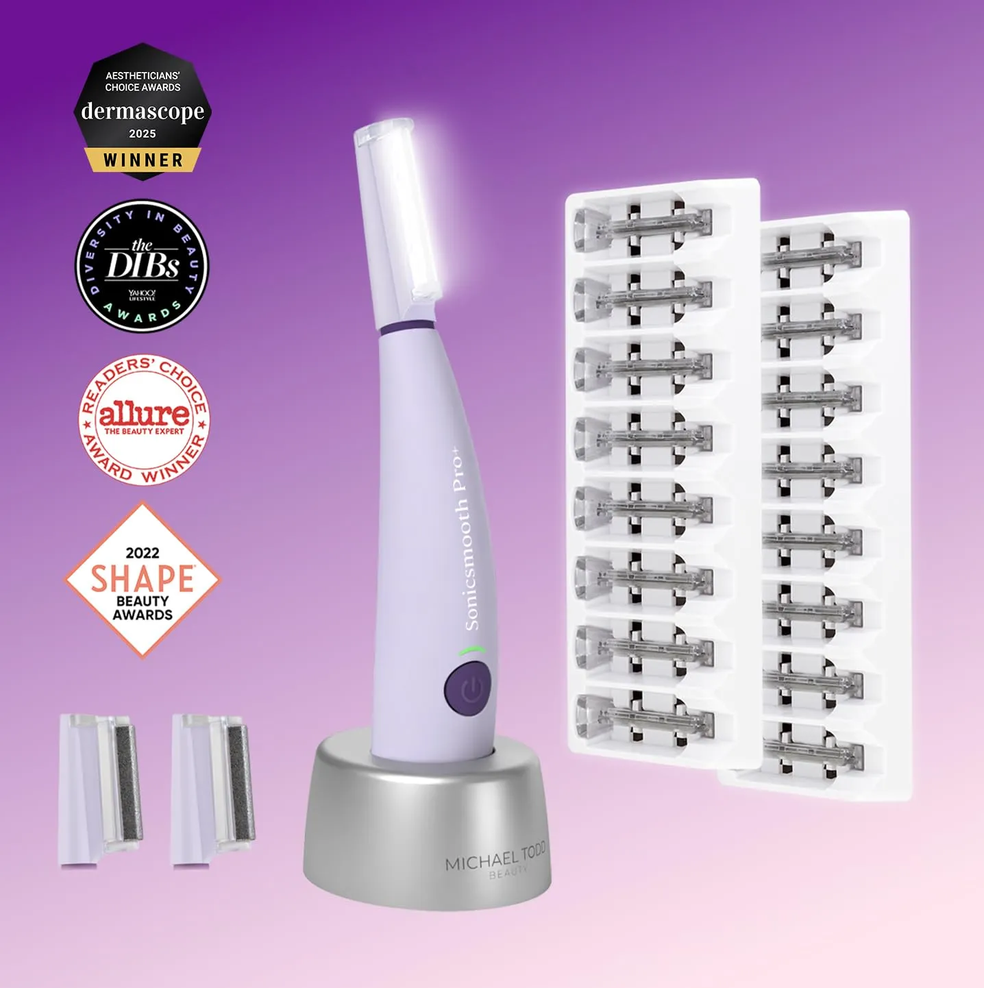 Michael Todd Beauty Sonicsmooth Pro  Dermaplane Razor for Women Face   Eyebrow trimmer Dermaplaning System w/LED Light Peach Fuzz Remover -16 Dermaplaning Blades & 2 Microsmooth Microdermabrasion Tips